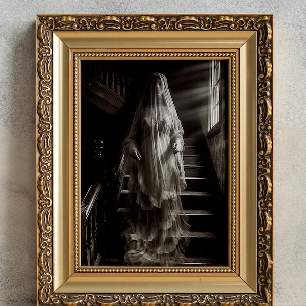 Vintage Victorian Spirit Photography, PRINTABLE Goth Wall Decor, Eerie Ghostly Bride, White Lady Spectre Print, Gothic Haunting Art Poster