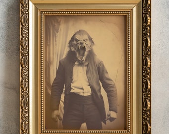 Vintage Roaring Werewolf Poster, PRINTABLE Shapeshifting Beast Art, Retro Horror Decor, Gothic Home Print, Antique Faded Photograph