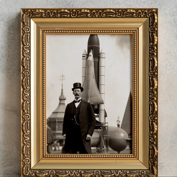 Steampunk Rocket Gentleman Photographie, Photo ancienne victorienne, PRINTABLE vintage Wall Art, Spaceship, Galaxy Exploration, Industrial Revolution