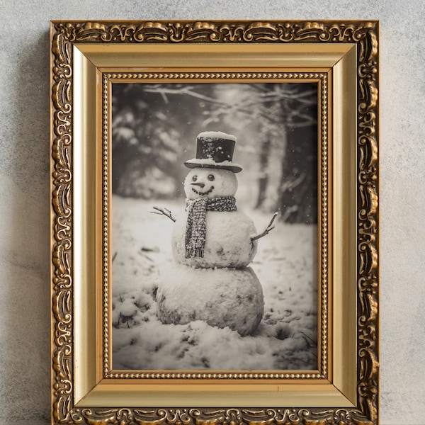Christmas Snowman Vintage Photograph, PRINTABLE Festive Photo, Cozy Cottage Wall Art, Xmas Home Decor, Winter Holiday Poster Print