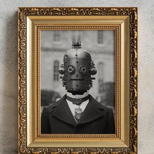 Fotografía de autómata Steampunk victoriano, retrato de robot vintage IMPRIMIBLE, decoración de pared de la revolución industrial, impresión de póster de arte