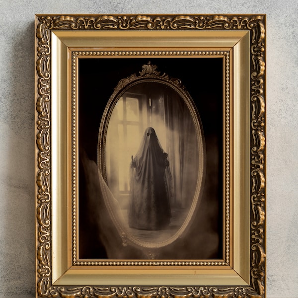 Misty Mirror Apparition Photo, Victorian Spirit Photography, PRINTABLE Vintage Wall Art, Antique Ghost Print, Halloween Goth Decor