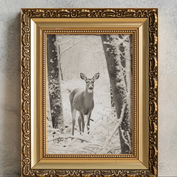 Snowy Forest Deer Print, PRINTABLE Christmas Art Poster, Vintage Seasonal Photograph, Rustic Nature Wall Decor, Winter Festive Photo