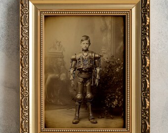 Steampunk Mechanical Boy Print, Vintage Photography, PRINTABLE Victorian Wall Art, Uncanny Poster, Industrial Gears Art Print, Robot Photo