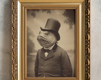 Elegant Fish Man Print, PRINTABLE Vintage Poster, Victorian Top Hat Aquatic Gentleman Photo, Witchy Art, Gothic Home Wall Decor
