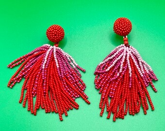 Red Beaded Tassel Earrings