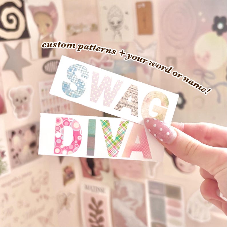 May include: Two rectangular stickers featuring the words SWAG and DIVA in large, bold, sans-serif capital letters. Each letter is filled with a unique pattern, including blue grid, pink polka dots, wood grain, floral, pink circles, and plaid.