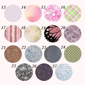 May include: A collection of fifteen circular swatches labeled 13 through 27, featuring diverse patterns including polka dots, plaid, floral, lace, butterfly wing, denim, and mosaic tile designs in various colors like pink, green, blue, and purple.