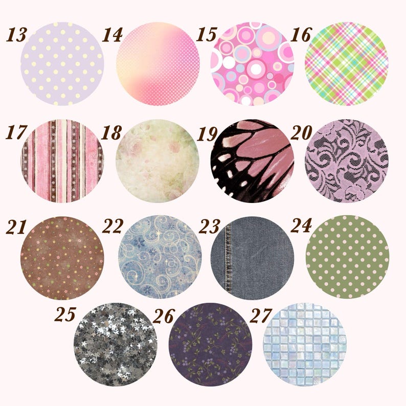 May include: A collection of fifteen circular swatches labeled 13 through 27, featuring diverse patterns including polka dots, plaid, floral, lace, butterfly wing, denim, and mosaic tile designs in various colors like pink, green, blue, and purple.