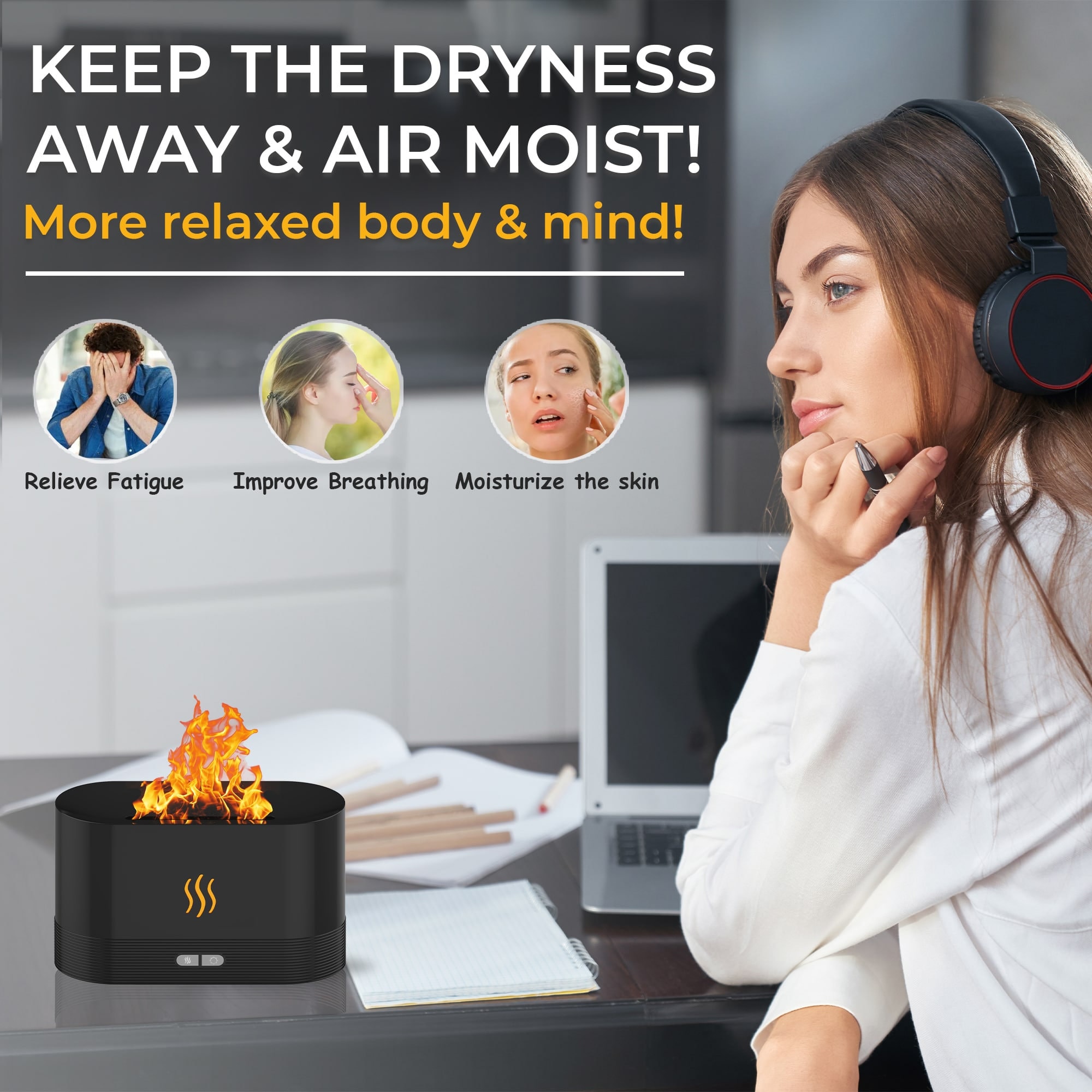 Flame Diffuser 180ml One Color Led Flame Humidifier, Comes With 6 Essential Oils Home