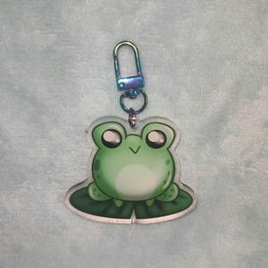 Froggy Art Acrylic Keychain - Cute Frog on Lily Pad Chibi Cartoon Keyring Charm