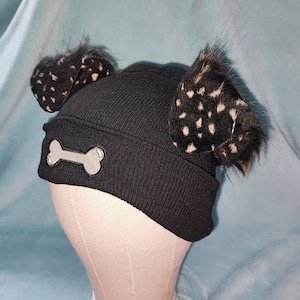 Zwarte puppy-oorbeanie - handgemaakte wintermuts Kemonomimi Therian Furry Dog Ears