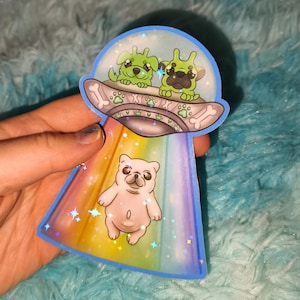 Pibble Alien Abduction - Large Holographic Art Sticker - Geeble Invasion Puppy