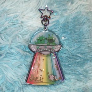 Pibble Alien UFO Shaker Keychain - Large Glittery Acrylic Charm - Geeble Invasion Puppy
