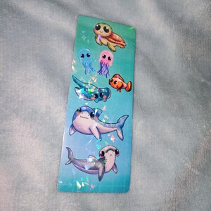 Sealife Holographic Art Bookmark - Sharks, Manta Ray, Jellyfish and Clown Fish Cute Cartoon Original Artwork