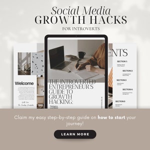 May include: A digital guide titled "The Introverted Entrepreneur's Guide to Growth Hacking: Thinking in a Loud Market" with a photo of a person writing in a notebook at a desk with a laptop. The guide is divided into sections, including building a strong online presence, leveraging social media, networking for introverts, productivity and time management, and networking for income.