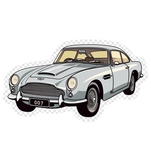 以下が含まれることがあります： 「007」と書かれた黒いナンバープレートが付いた銀色のクラシックカー。