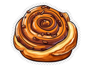 May include: A close-up of a cinnamon roll with a swirl of brown icing and a light brown dough.