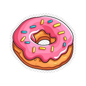 May include: A pink glazed donut with yellow and blue sprinkles. The donut has a hole in the centre and is on a transparent background.