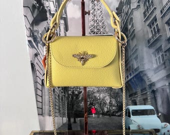Bolso de hombro "Little Bee" en color amarillo limón, de piel auténtica, fabricado en Italia para mujeres y niñas.