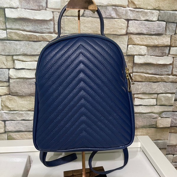 Blue quilted genuine leather backpack made in Italy