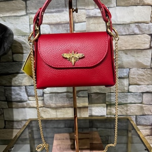 Sac bandoulière rouge femme/fille en cuir véritable « Petite Abeille » Fabriqué en Italie