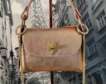 Women's/Girls' Shoulder Bag in Genuine "Rose Gold" Metallic Leather "Little Bee" Made in Italy