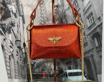 Women's/Girls' Shoulder Bag, Genuine Dark Orange Metallic Leather "Little Bee" Made in Italy