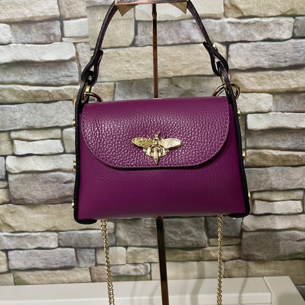 Purple shoulder bag for women/girls real leather "Piccola Ape" Made in Italy