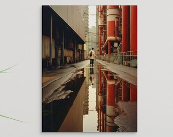 May include: A person walks down a narrow street lined with red and white industrial buildings. The street is wet and reflects the buildings in the puddles.