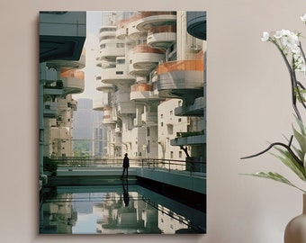 Pode incluir: Uma fotografia de um prédio de apartamentos moderno com uma piscina refletora em primeiro plano. O prédio tem um design único com varandas curvas e uma pessoa em pé em uma passarela.
