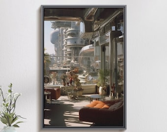 May include: A framed photograph of a modern interior with a view of a futuristic city. The interior features a large window, a couch, and a coffee table. The city is made up of tall, cylindrical buildings with a variety of colors.