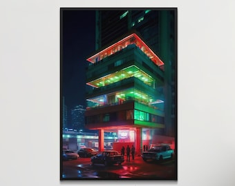 May include: A nighttime cityscape with a multi-level building lit up in red, green, and yellow lights.  There are cars parked in front of the building and people standing on the sidewalk.