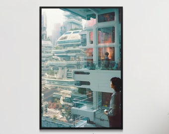 Pode incluir: Uma pessoa está em uma varanda com vista para uma cidade futurista. A cidade é composta por muitos edifícios com grandes janelas e varandas. A pessoa está olhando para a cidade.