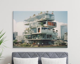 Pode incluir: Uma fotografia de um edifício moderno branco de vários níveis com grandes janelas e varandas. O edifício é rodeado por outros edifícios e árvores. O edifício está localizado numa cidade.