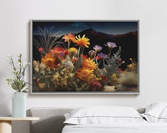 夜の砂漠の花のプリント、鮮やかな植物画の壁掛けアート