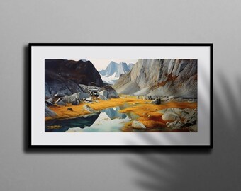 May include: A panoramic view of a mountain valley with a small lake in the foreground. The lake is surrounded by rocks and yellow grass. The mountains in the background are covered in snow and ice.