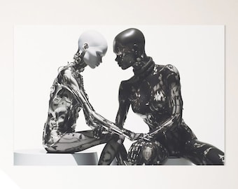 May include: Two metallic figures, one white and one black, sit facing each other with their heads touching. They are both wearing intricate, detailed, metallic clothing.