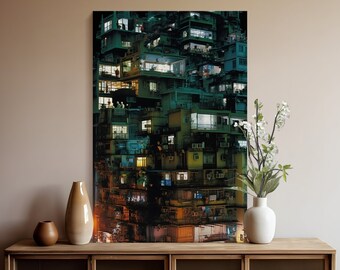 以下が含まれることがあります： 多くの窓のある、高く密集した建物の写真。建物は夜にライトアップされ、窓は光で輝いています。建物は多くの異なるレベルで構成されており、非常に古く見える。建物は緑、黄色、オレンジの鮮やかなミックスです。