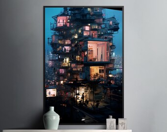 以下が含まれることがあります： 多数の部屋が照らされた、多層階の建物を描いた額装アートプリント。このアートワークは、暗い青色の空と背景の街の光を備えた、未来的なディストピアの美学を特徴としています。建物の窓は暖かく魅力的な光で輝いています。