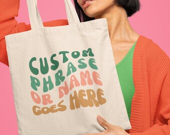 Custom Groovy Wave Stacked Text Tote Bag