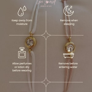 May include: A graphic with jewelry care tips. The graphic features a white and pink bracelet with a gold charm. The tips include keeping jewelry away from moisture, removing it when sleeping, allowing perfumes or lotions to dry before wearing, removing it before entering water, storing it in a closed bag or box, and removing it when active.