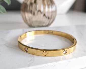 Love bangle in gold, silver, rose made of 18k stainless steel | Bangle with hearts and zirconia stones | Available in 2 sizes