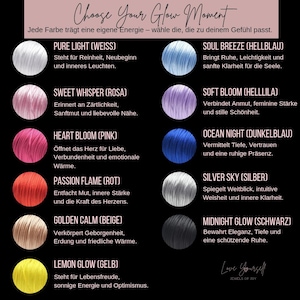 May include: A chart with 10 different colored circles, each representing a different color and emotion. The colors are white, light blue, pink, rose, red, beige, yellow, lavender, dark blue, and black. The text describes each color and its associated emotion. The text includes the words "Choose Your Glow Moment", "Love Yourself", and "Jewels of Joy".