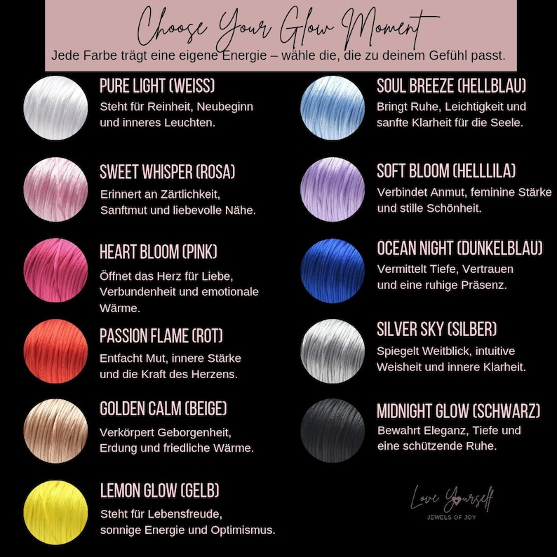 May include: A chart with 10 different colored circles, each representing a different color and emotion. The colors are white, light blue, pink, rose, red, beige, yellow, lavender, dark blue, and black. The text describes each color and its associated emotion. The text includes the words "Choose Your Glow Moment", "Love Yourself", and "Jewels of Joy".