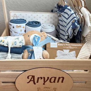 Teddy Baby Boy | Caixa de presente para chá de bebê com balanço, caixa de presente personalizada para chá de bebê, armário, cesta de presente para chá de bebê, caixa de madeira para bebê