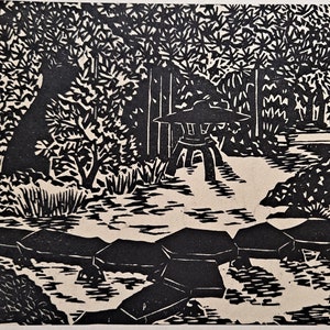 Yoshiro Koshino - Vintage Midcentury Japanese Woodblock Style Print - Kenrokuen Park