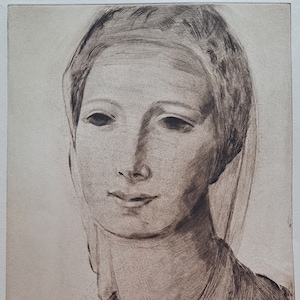 May include: A black and white etching of a woman's face. The woman is wearing a headscarf and has a soft expression. The etching is signed "E.D.I.G." and "E.A.M.I.U."