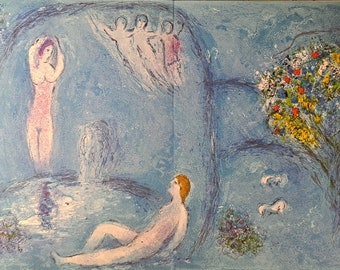 Offset Lithograph by Marc Chagall from Daphnis and Chloe – Titled: Daphnis and Chloe in the Cave of the Nymphs