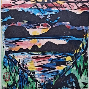 Shiko Munakata - Vintage Midcentury Japanese Woodblock Style Print - Lake Towada